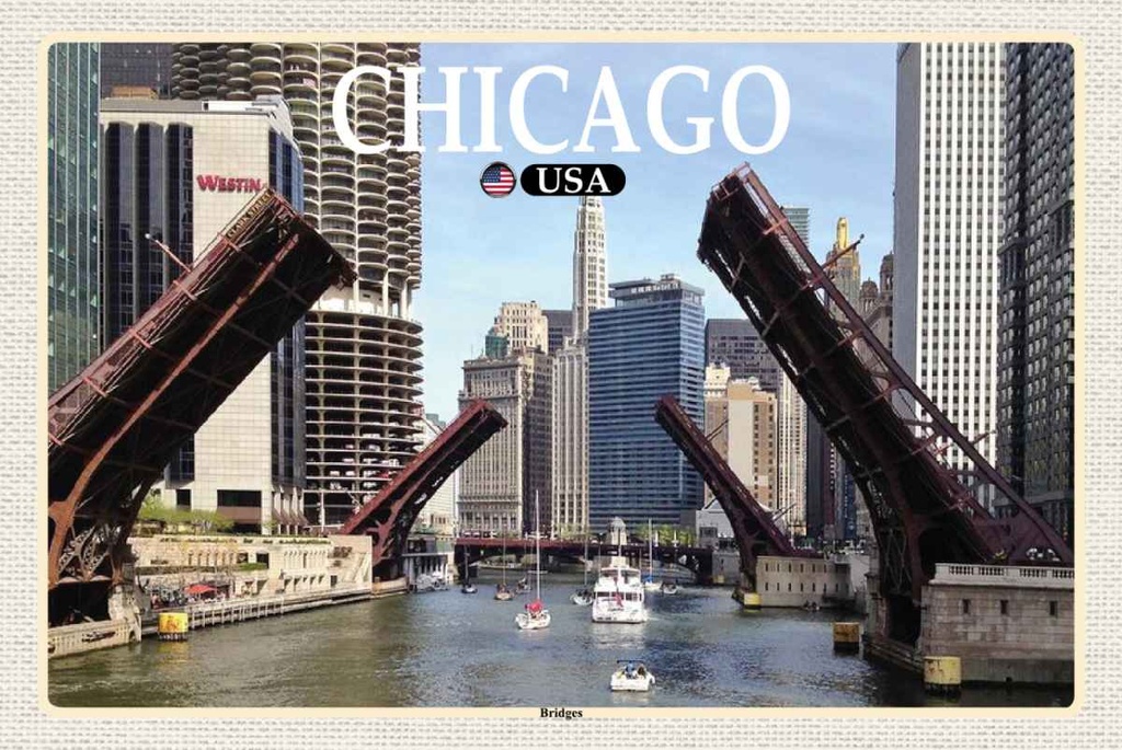 Holzschild 20x30 cm Chicago USA Bridges Brücken Fluss Bildmotiv Reisemotiv Amerika
