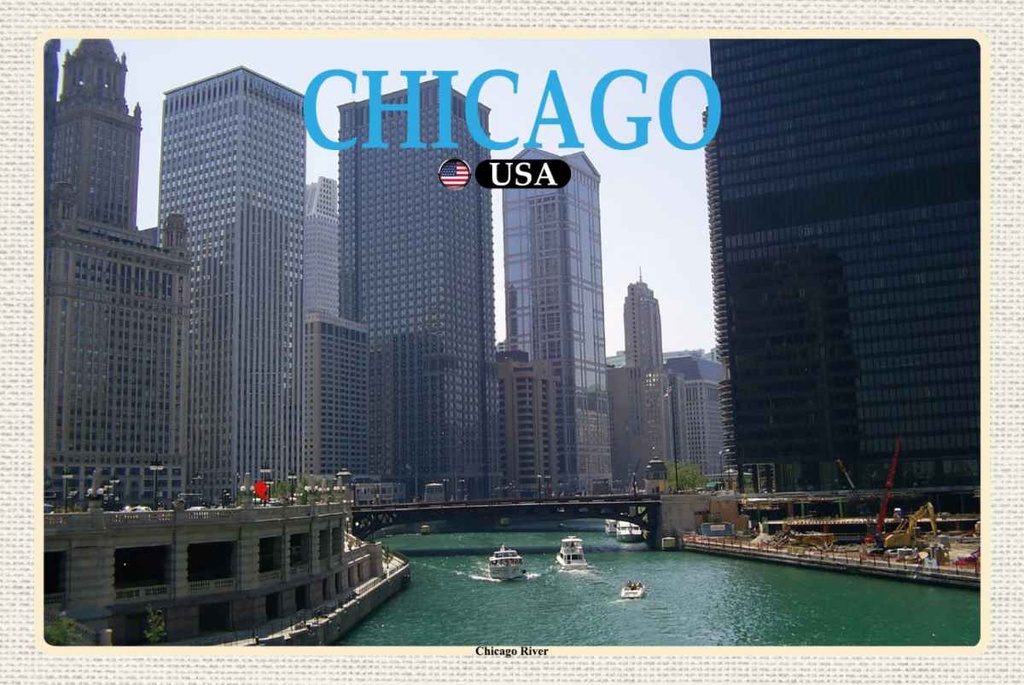 Holzschild 20x30 cm Chicago USA River Fluss Hochhäuser Bildmotiv Reisemotiv Amerika