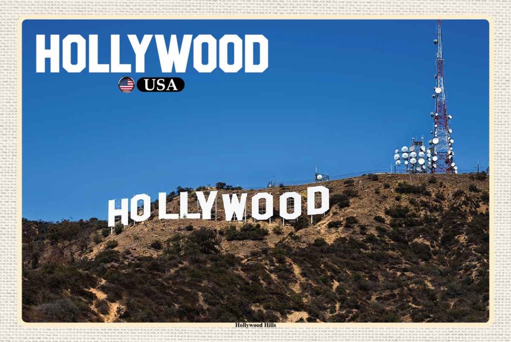 Holzschild 20x30 cm Hollywood USA Hills Bildmotiv Reisemotiv Amerika