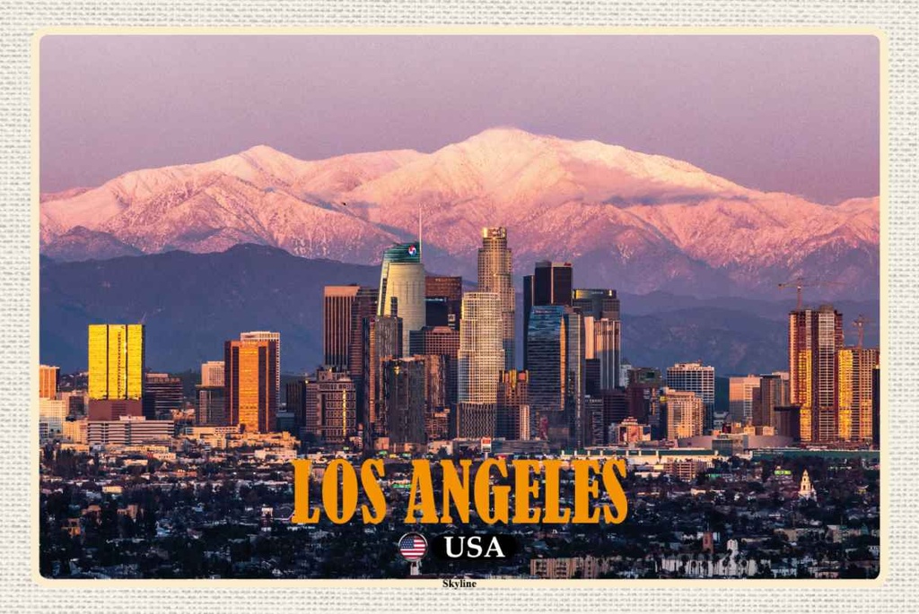 Holzschild 20x30 cm Los Angeles Skyline Berge Wolkenkratzer Bildmotiv Reisemotiv Amerika USA