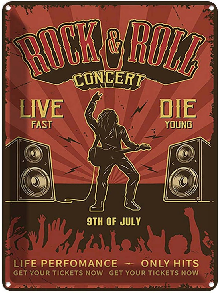 Blechschild 40x30 cm Rock&Roll Concert live 9th july Warnschild Hinweisschild Sicherheit Vorsicht