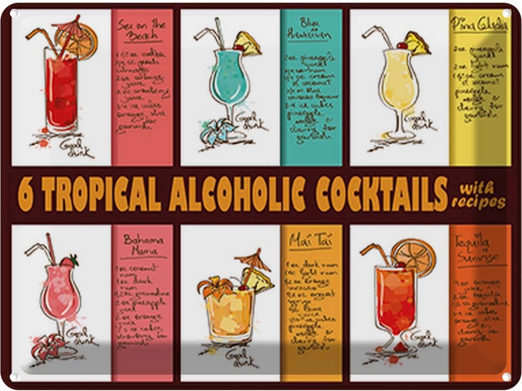Blechschild 30x40 cm 6 tropical cocktails recipes Essen Trinken
