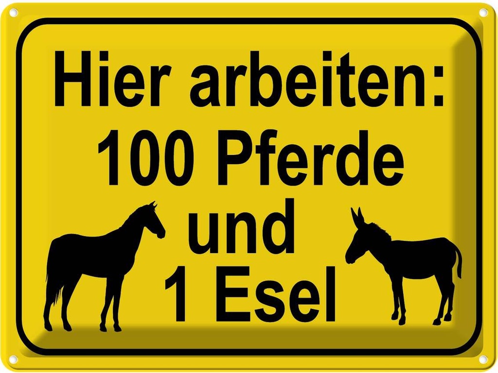 Blechschild 30x40 cm arbeiten 100 Pferde und 1 Esel Spruch Zitat