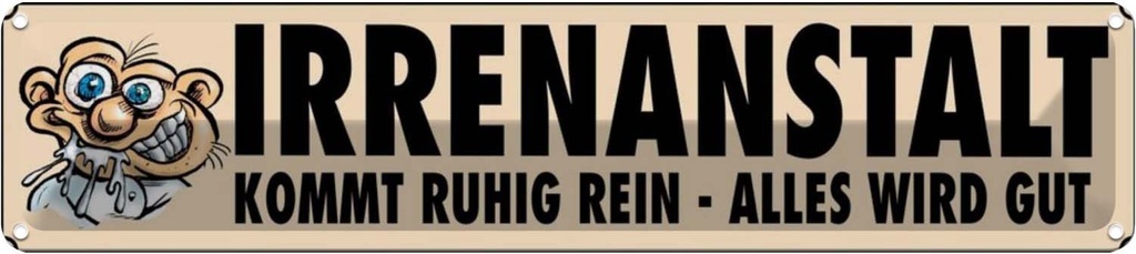Blechschild 10x46 cm Irrenanstalt kommt ruhig rein Dekoration Spruch Zitat