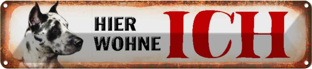 Blechschild 10x46 cm Dogge Hund hier wohne ich Tier Haustier