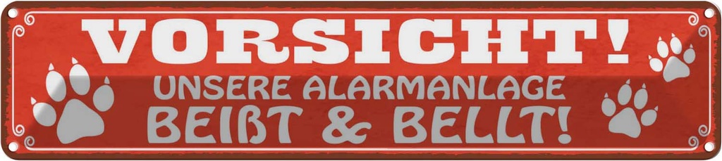 Blechschild 10x46 cm Vorsicht Alarmsanlage beißt Warnschild Hinweisschild Sicherheit