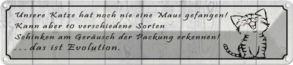 Blechschild 10x46 cm unsere Katze noch Maus gefangen Tier Haustier