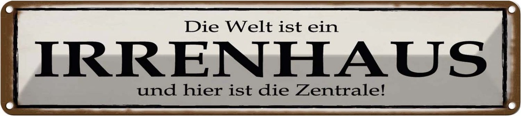 Blechschild 10x46 cm Welt ist Irrenhaus hier Zentrale Spruch Zitat