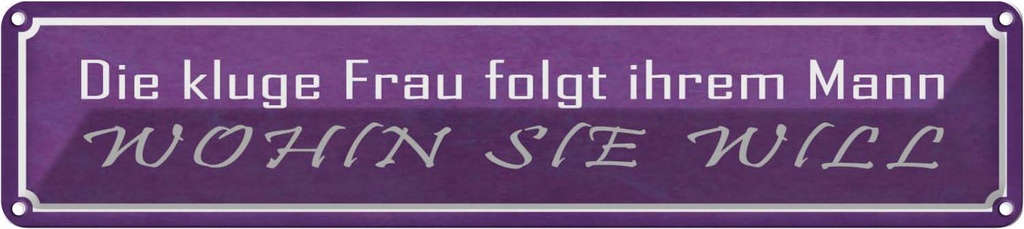 Blechschild 10x46 cm kluge Frau folgt ihrem Mann Spruch Zitat