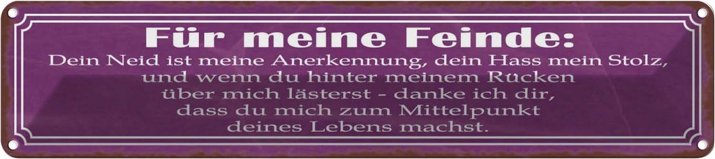 Blechschild 10x46 cm für meine Feinde dein Neid ist Dekoration Spruch Zitat