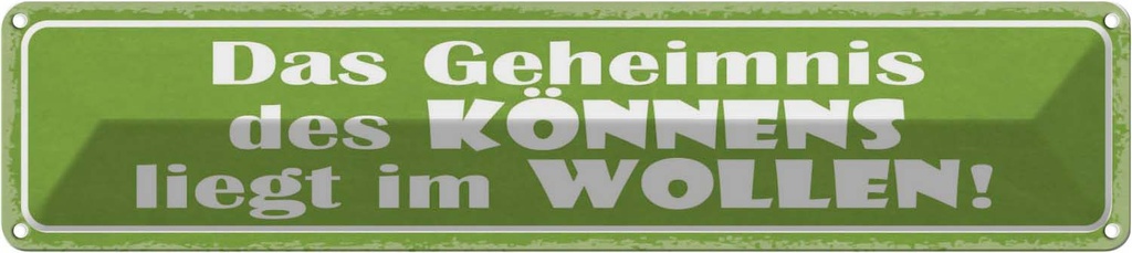 Blechschild 10x46 cm Geheimnis des Könnens im Wollen Spruch Zitat