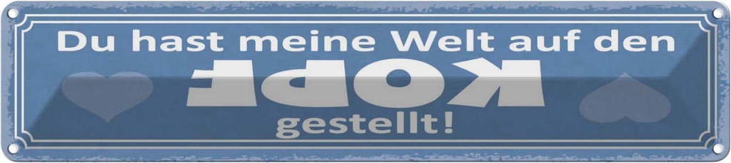 Blechschild 10x46 cm Du meine Welt aud Kopf gestellt Spruch Zitat