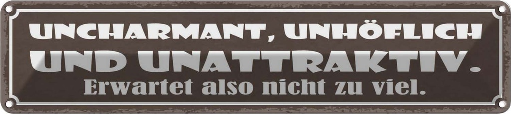 Blechschild 10x46 cm uncharmant unhöflich unattraktiv Spruch Zitat