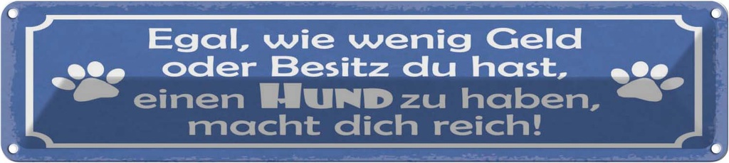 Blechschild 10x46 cm Wenig Geld oder Besitz, einen Hund Spruch Zitat