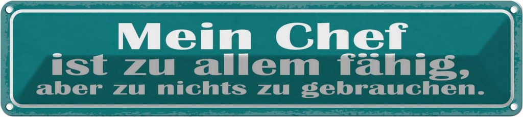 Blechschild 10x46 cm Mein Chef ist zu allem fähig Spruch Zitat