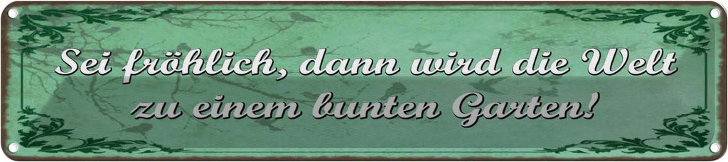 Blechschild 10x46 cm Sei fröhlich Welt bunter Garten Spruch Zitat