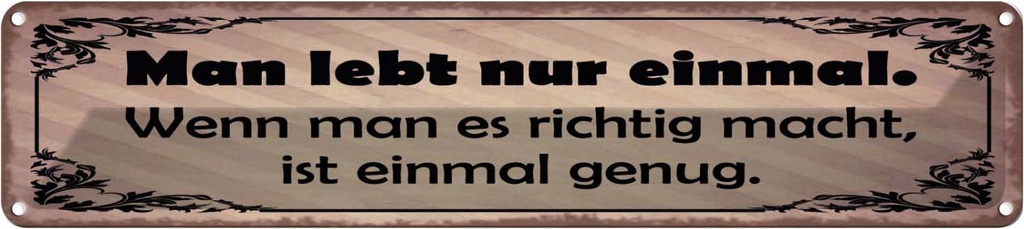 Blechschild 10x46 cm Man lebt nur einmal genug Spruch Zitat