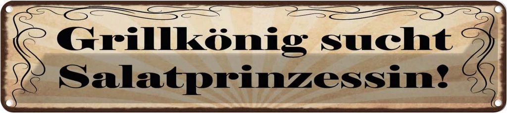 Blechschild 10x46 cm Grillkönig sucht Salatprinzessin Spruch Zitat