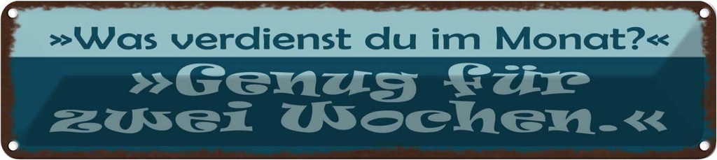 Blechschild 10x46 cm Was verdienst genug für 2 Wochen Spruch Zitat