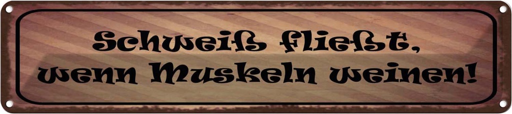Blechschild 10x46 cm Schweiß fließt Muskeln weinen Spruch Zitat