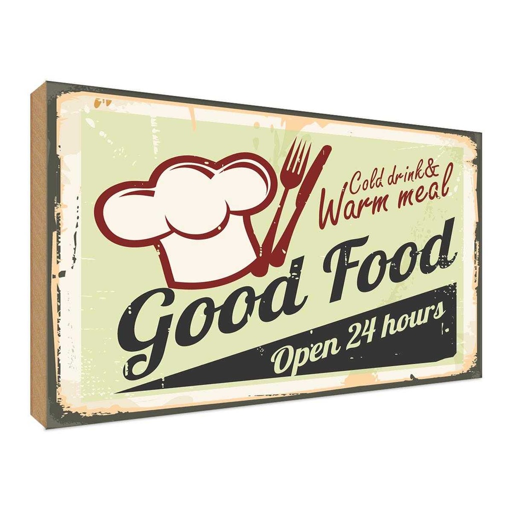 Holzschild 30x40 cm Good Food gold drink open 24 Warnschild Hinweisschild