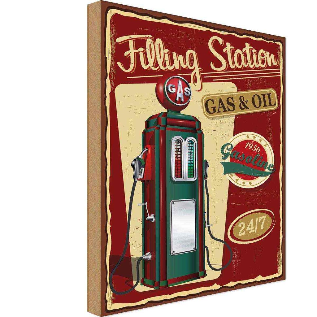 Holzschild 40x30 cm Gasoline filling station gas 24/7 Warnschild Hinweisschild