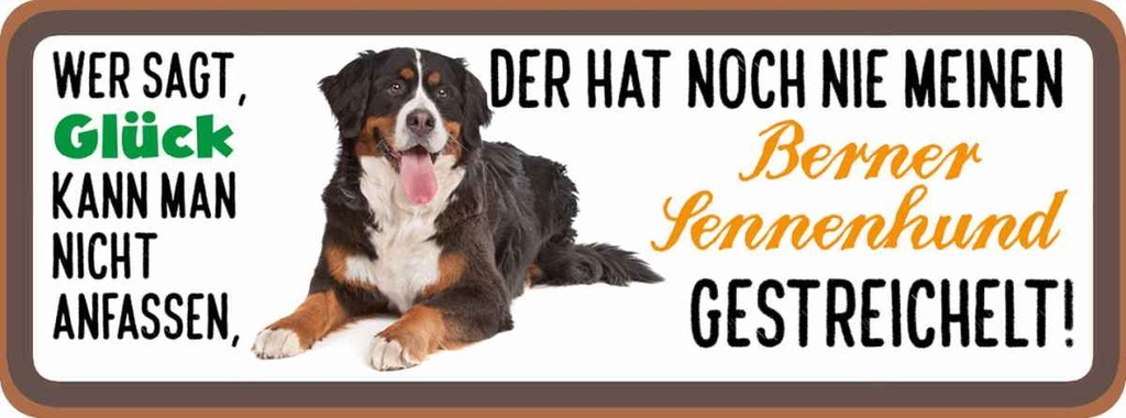 Holzschild 10x27 cm Berner Sennenhund gestreichelt