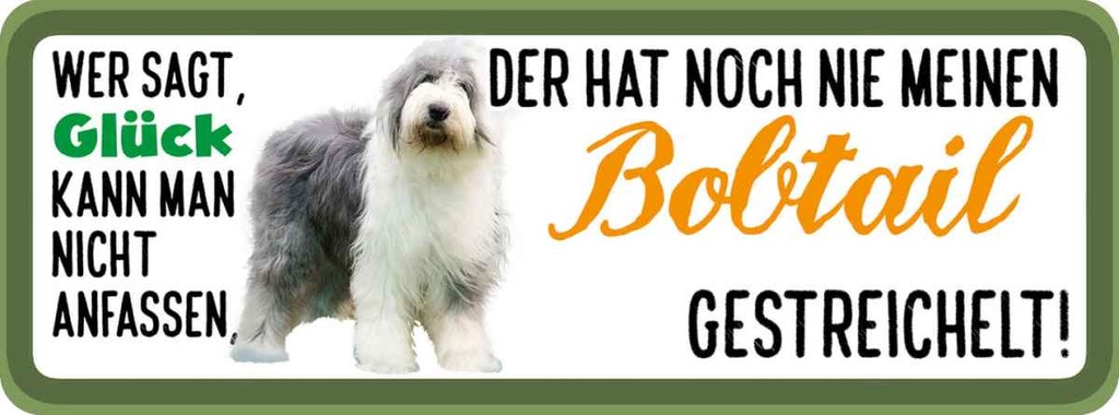 Holzschild 10x27 cm Bobtail Hund gestreichelt Tier Haustier