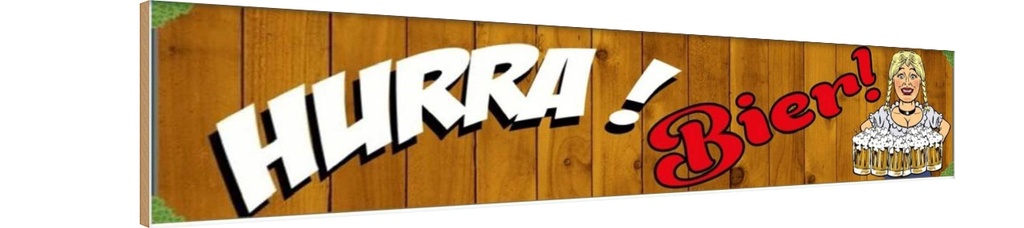 Holzschild 10x46 cm Pinup Hurrra! Bier Alkohol Essen Trinken
