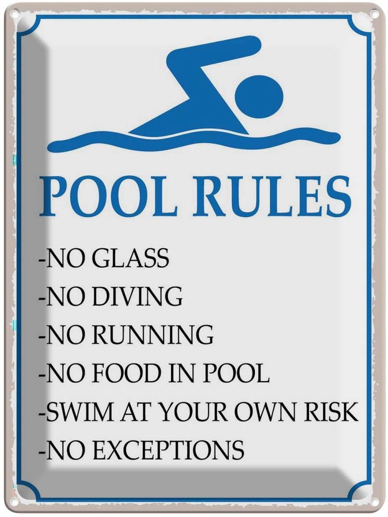 Blechschild 40x30 cm Pool Rules No glass diving Warnschild Hinweisschild Sicherheit Vorsicht