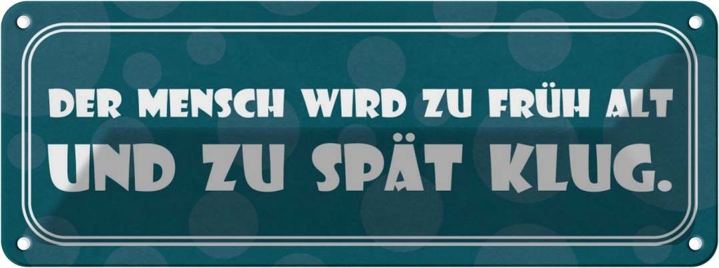 Blechschild 10x27 cm Mensch wird früh alt spät klug Dekoration Spruch Zitat