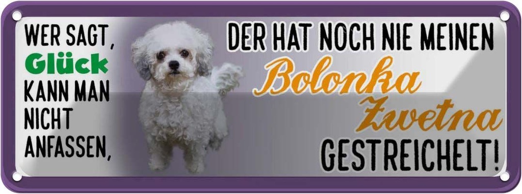 Blechschild 10x27 cm nie Bolonka Zwetna Hund gestreichelt Tier Haustier