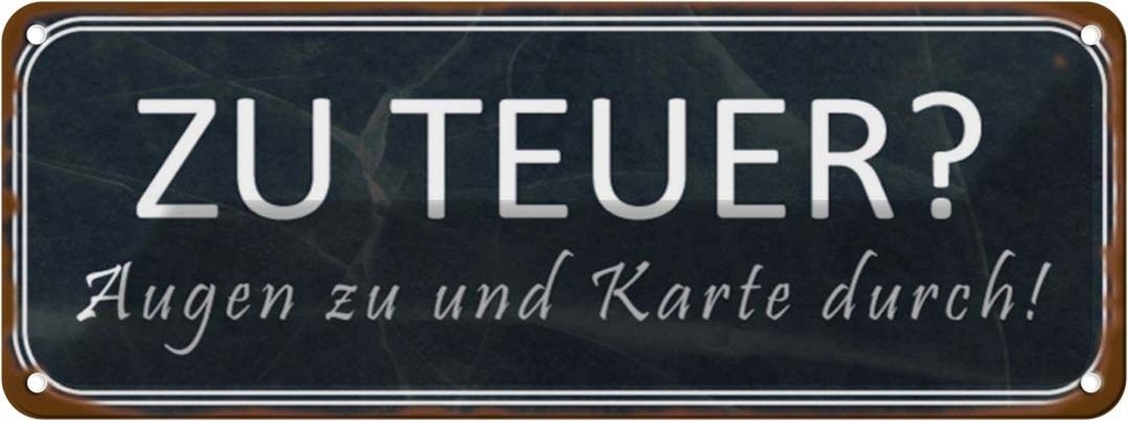 Blechschild 10x27 cm zu teuer Augen Karte durch Dekoration