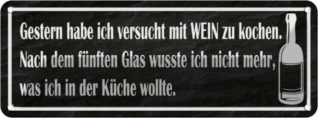 Blechschild 10x27 cm habe versucht mit Wein zu kochen Spruch Zitat