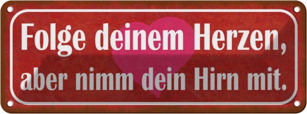Blechschild 10x27 cm folge deinem Herzen nimm Hirn Dekoration Spruch Zitat