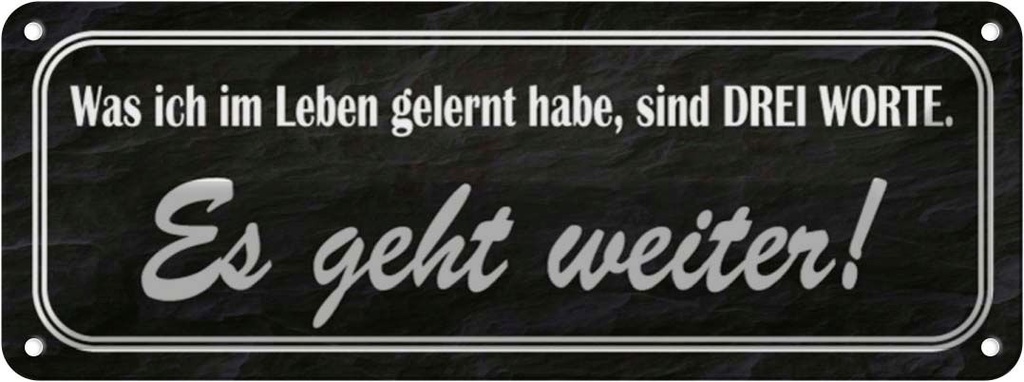 Blechschild 10x27 cm im Leben gelernt Es geht weiter Spruch Zitat