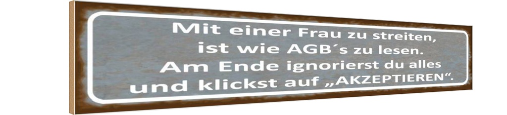 Holzschild 10x46 cm mit Frau streiten wie AGB lesen Spruch Zitat