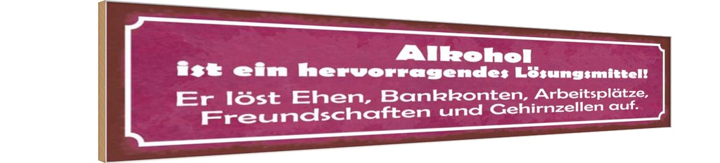 Holzschild 10x46 cm Alkohol Lösungsmittel löst Ehen Spruch Zitat