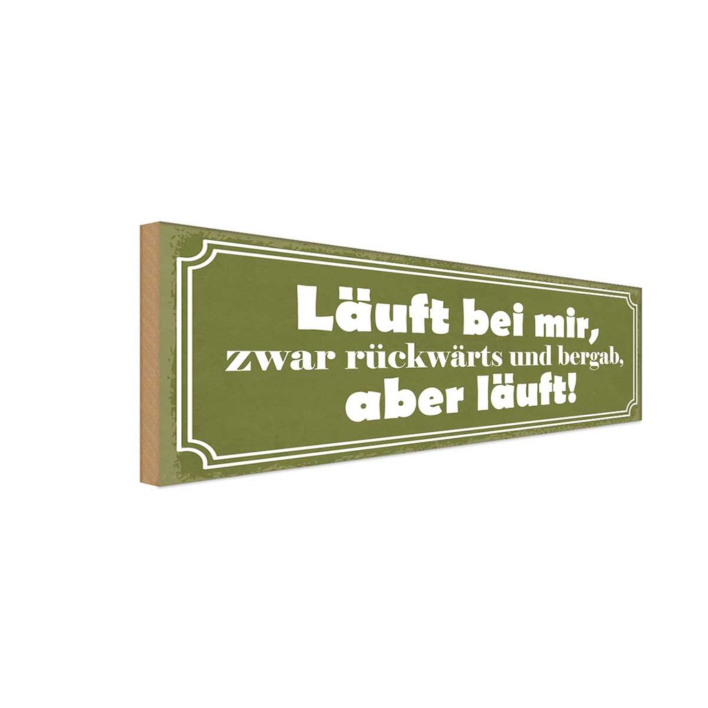 Holzschild 10x27 cm läuft rückwärts und bergab aber Spruch Zitat