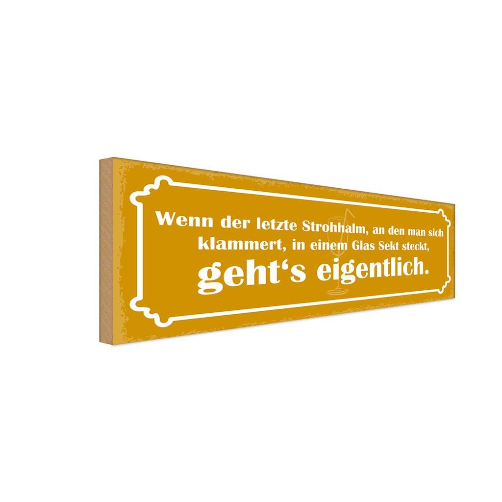 Holzschild 10x27 cm Strohhalm in einem Glas Sekt Dekoration