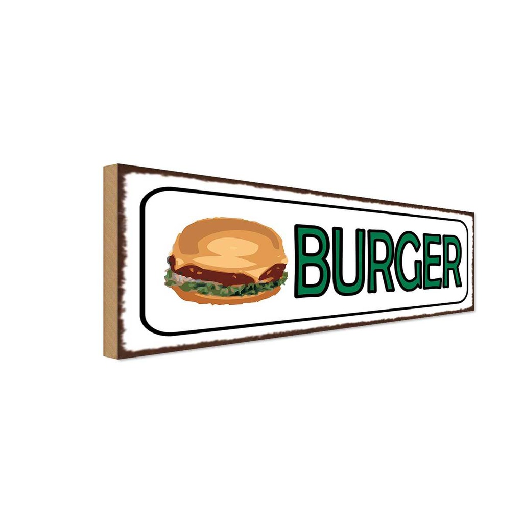Holzschild 10x27 cm Burger Fast Food Essen Trinken