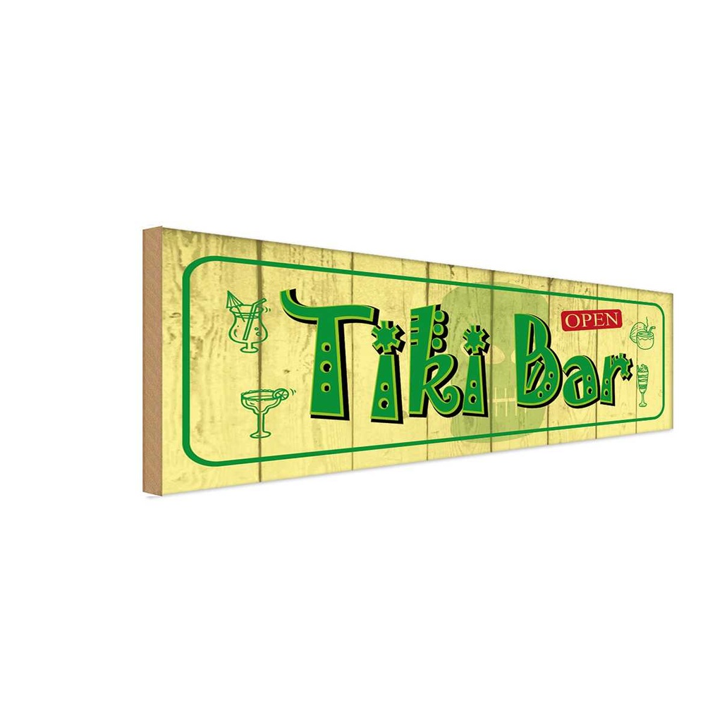 Holzschild 10x27 cm Tiki Bar open Alkohol Essen Trinken