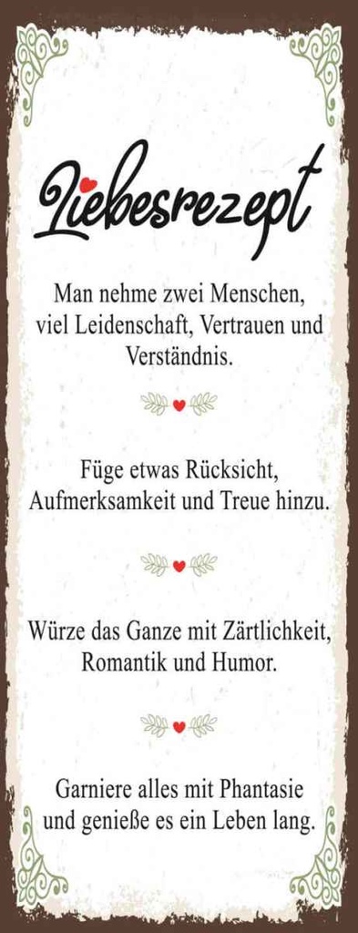 Holzschild 27x10 cm Liebesrezept man nehme 2 Menschen Spruch Zitat