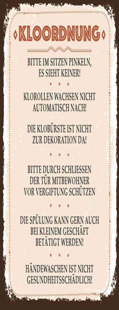 Holzschild 27x10 cm Kloordnung bitte im sitzen pinkeln Warnschild Hinweisschild