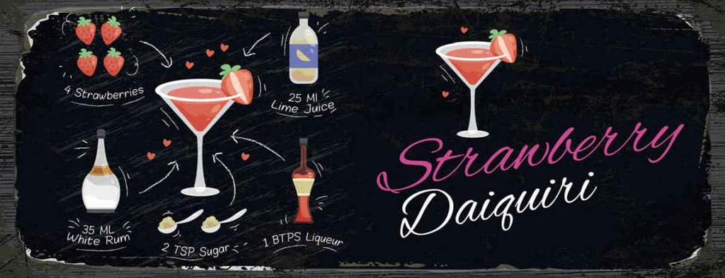 Holzschild 10x27 cm Strawberry Daiquiri Cocktail Essen Trinken