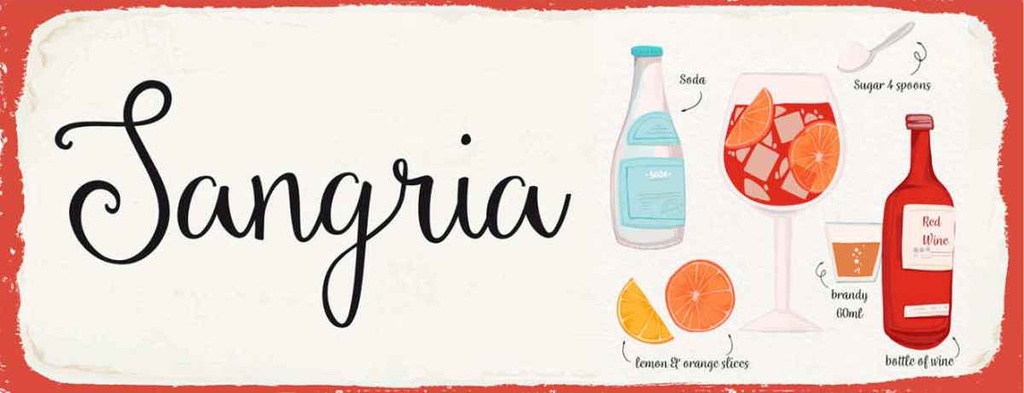 Holzschild 10x27 cm Sangria Cocktail Recipe Soda Essen Trinken