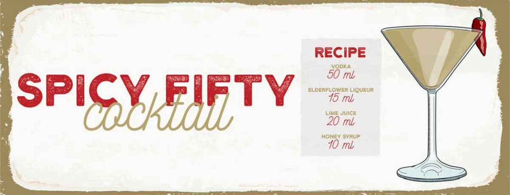 Holzschild 10x27 cm Spicy Fifty Cocktail Recipe Essen Trinken