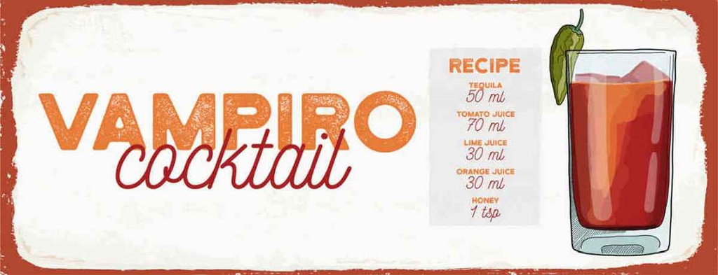 Holzschild 10x27 cm Vampiro Cocktail Recipe Tequila Essen Trinken