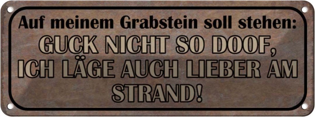 Blechschild 10x27 cm auf meinem Grabstein soll stehen Spruch Zitat