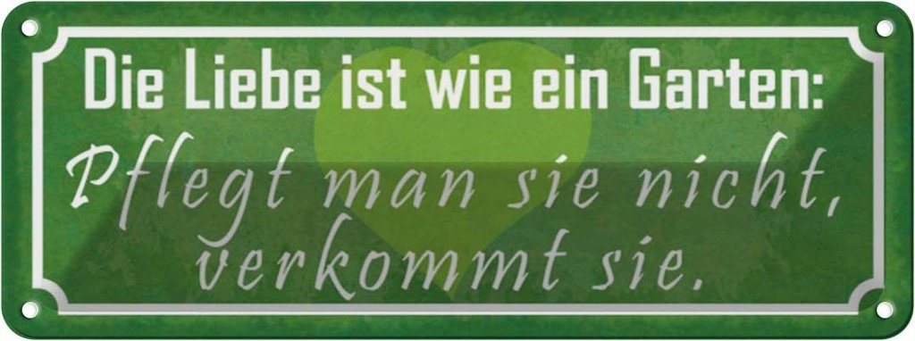 Blechschild 10x27 cm Liebe wie ein Garten pflegt man Spruch Zitat